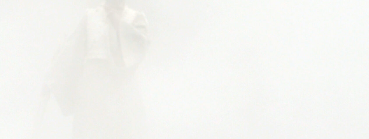 An otherworldly spectral entity is partially visible - hovering between a liminal threshold of fine particle mist. There are minimal details in this shrouded light grey realm. She wears an assemblage of grey and white regalia and her arm is raised to hold in place a bone relic mask which completely covers the head.