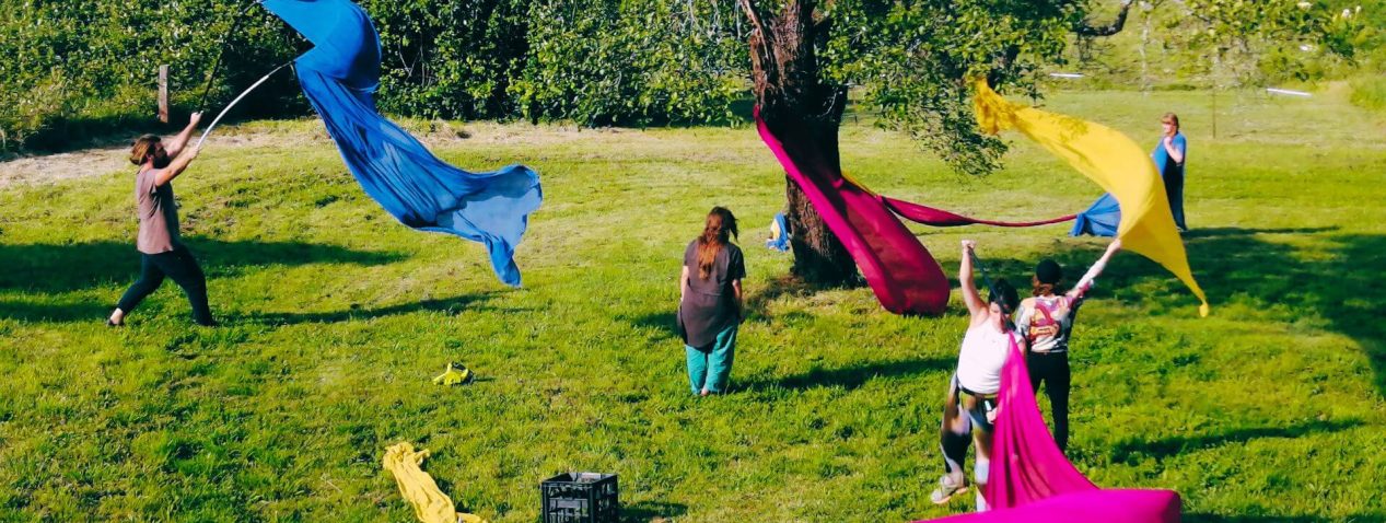 Five people dancing around a tree with colourful flags.