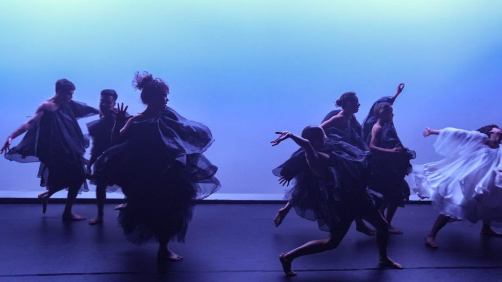 Photograph of seven dancers in motion wearing flowing organza dresses against a pale background.