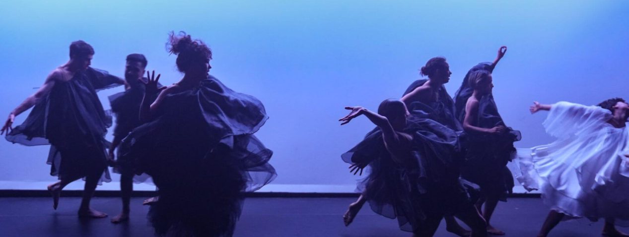 Photograph of seven dancers in motion wearing flowing organza dresses against a pale background.