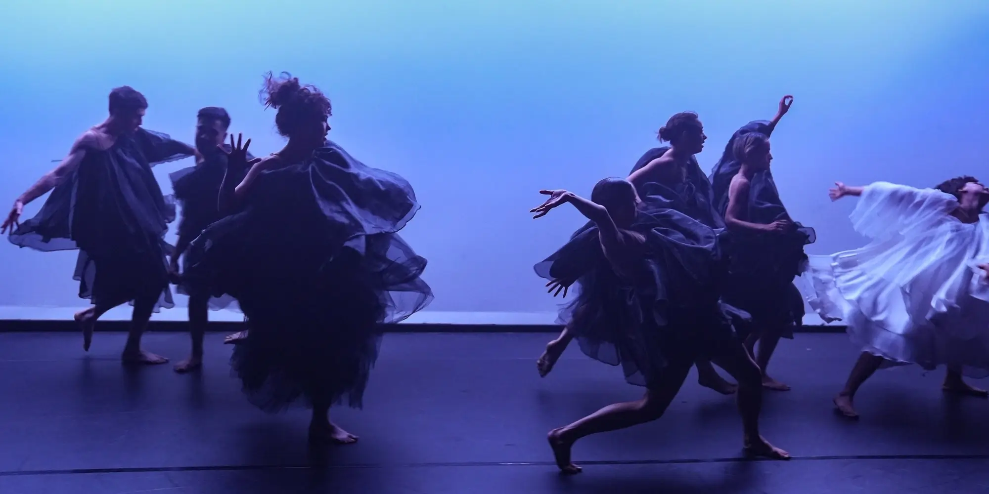 Photograph of seven dancers in motion wearing flowing organza dresses against a pale background.