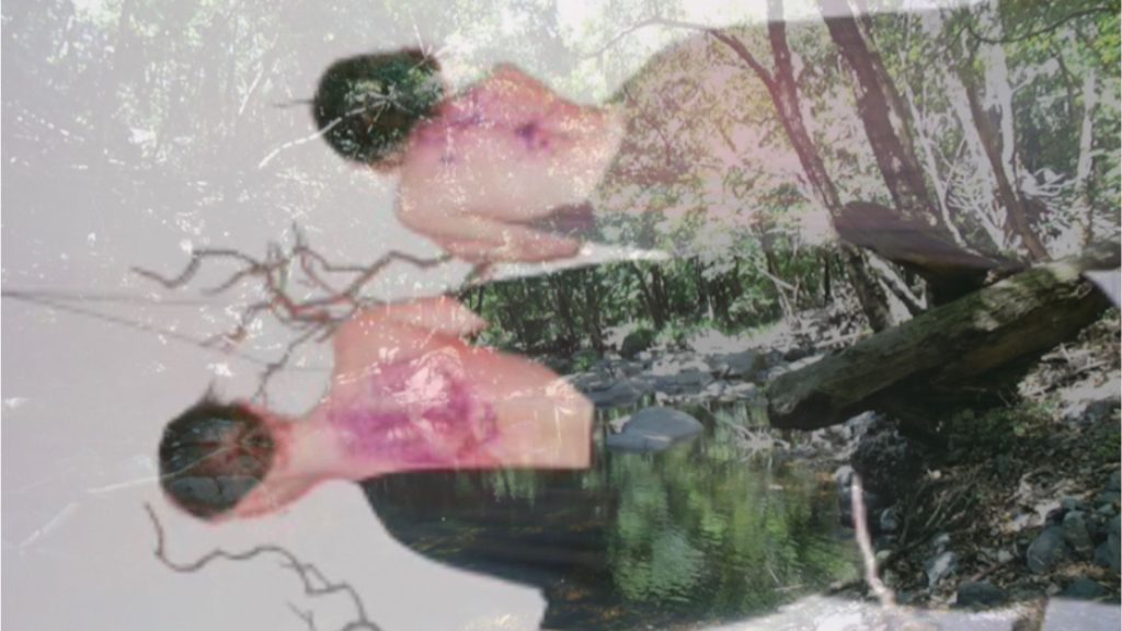 Two female figures, facing away from the camera, layered with a photograph of a creek.