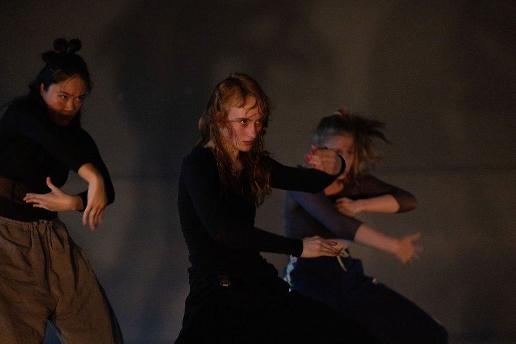 Photograph of three dancers in a rounded shape staring at the same point. They wear dark clothes and are photographed in front of a dark grey wall with their shadows enlarged behind.