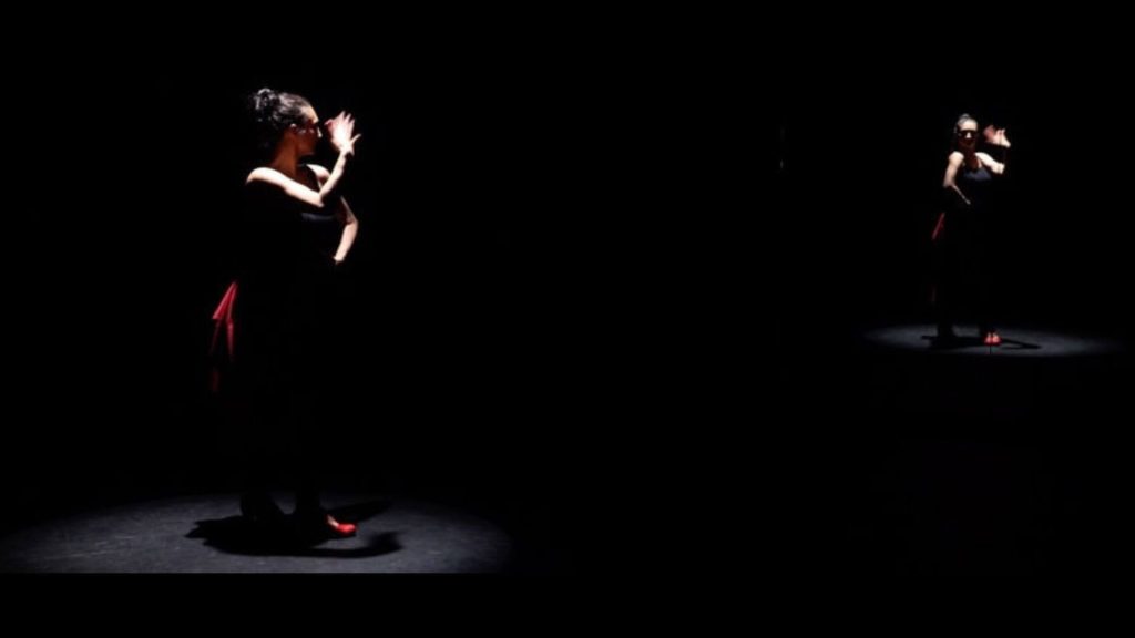 Image of a flamenco dancer dancing in a small pool of light in an otherwise dark space, facing a reflection of herself.