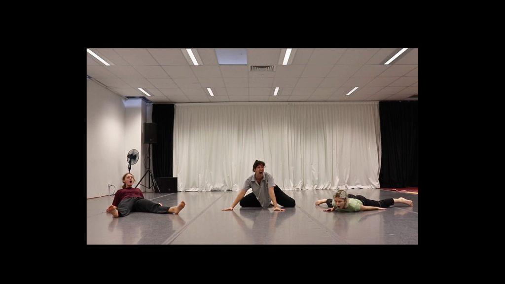 Three people side by side in a studio with grey Tarkett and a white curtain background. One laying on their back propping themself up on their elbows, one seated, one lying on their belly with their head raised. Their mouths are wide open.