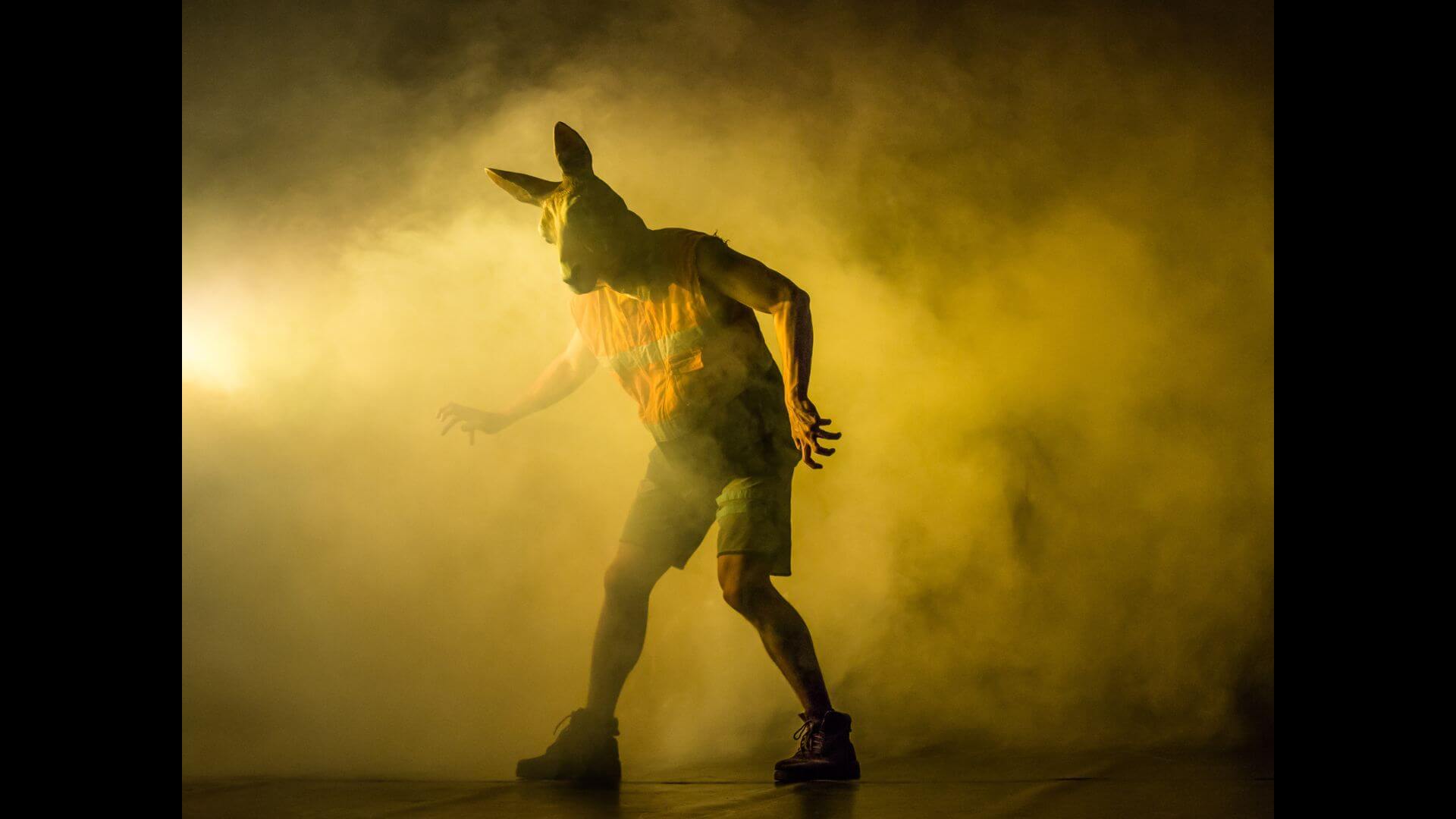 A person stands in a performance space filled with haze that is lit with a yellow hue. The performer is slightly bent forward and wears a high vis vest and kangaroo head.
