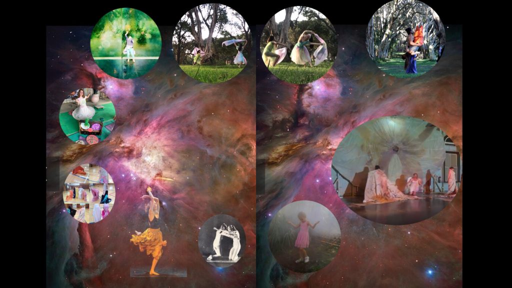 A collage of images against a background of a dark sky lit with stars. There are small photographs of artists performing.