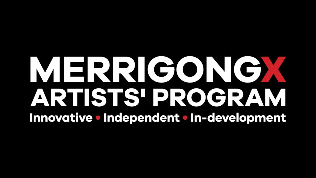A graphic logo with the words Merrigong X Artists' Program. Innovative. Independent. In-development.